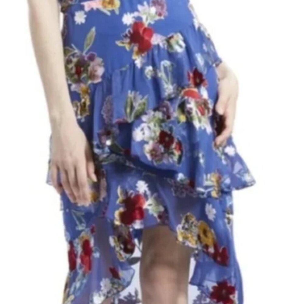 NWT Alice + Olivia Mariel High-Low Blue Floral Ruffle Silk-Blend Skirt M $440